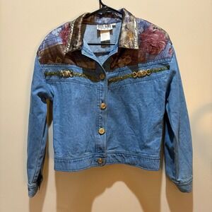 City Girl Sport Denim Jacket Vest Set Vintage Blue Floral Trim Embellished Sz‎ 8